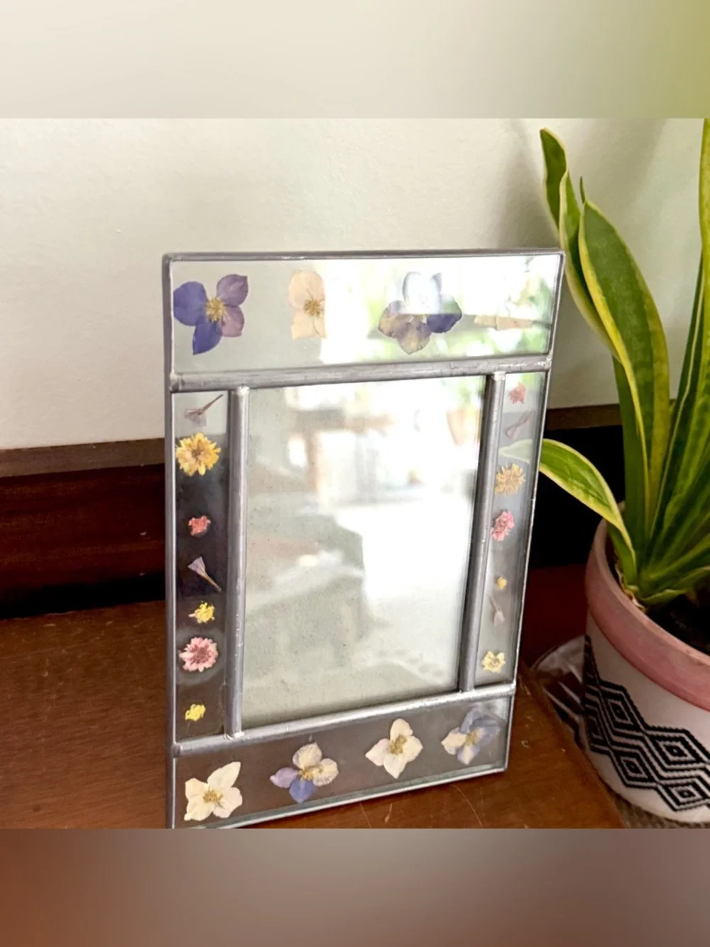 Vintage Dried Flower Pink Purple Cream Yellow Glass Picture Frame 3.5x5” Boho